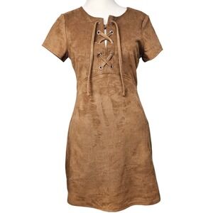 Express Womens Tan Brown Faux Suede Lace Up Front Mini Dress Size 0 Short Sleeve